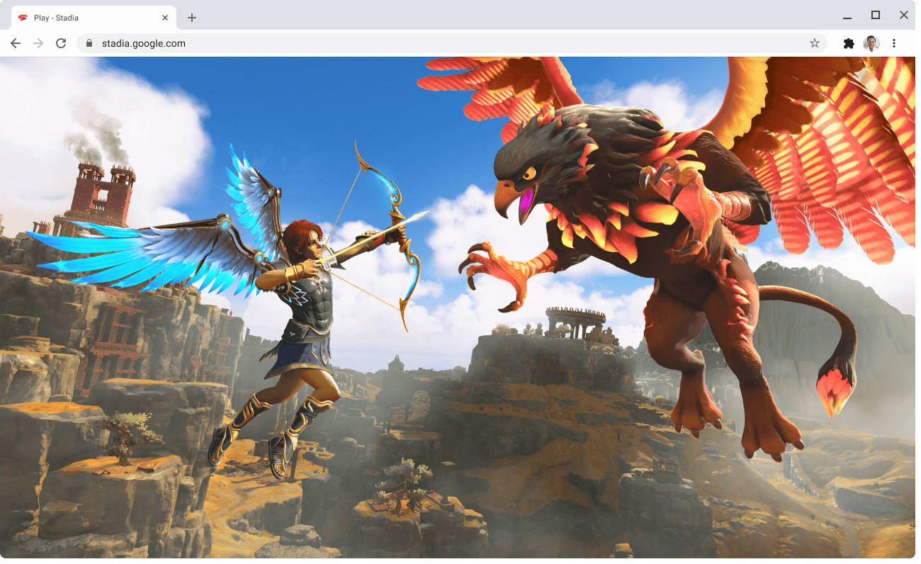 Es mostra una pàgina web de stadia.google.com amb un joc en curs.