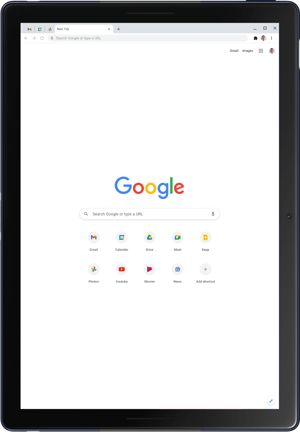 Tauleta Pixel Slate en vertical que mostra la pàgina d'inici de Google.