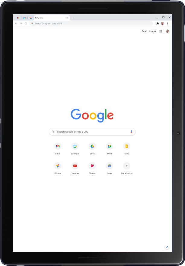 Tauleta Pixel Slate en vertical que mostra la pàgina d'inici de Google.