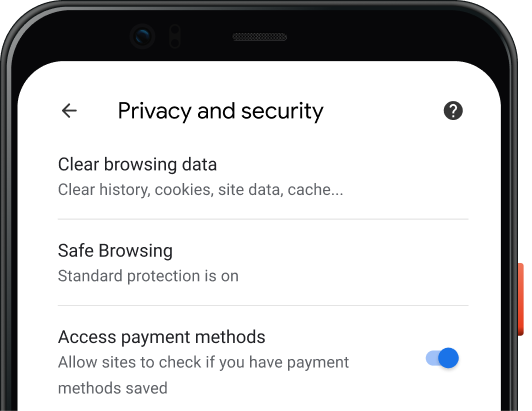 Pàgina de configuració Privadesa i seguretat del navegador Chrome en un dispositiu mòbil.