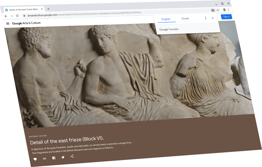 Es mostra una pàgina de Google Arts & Culture amb un quadre de diàleg del Traductor de Google a sobre, que tradueix a l'anglès.