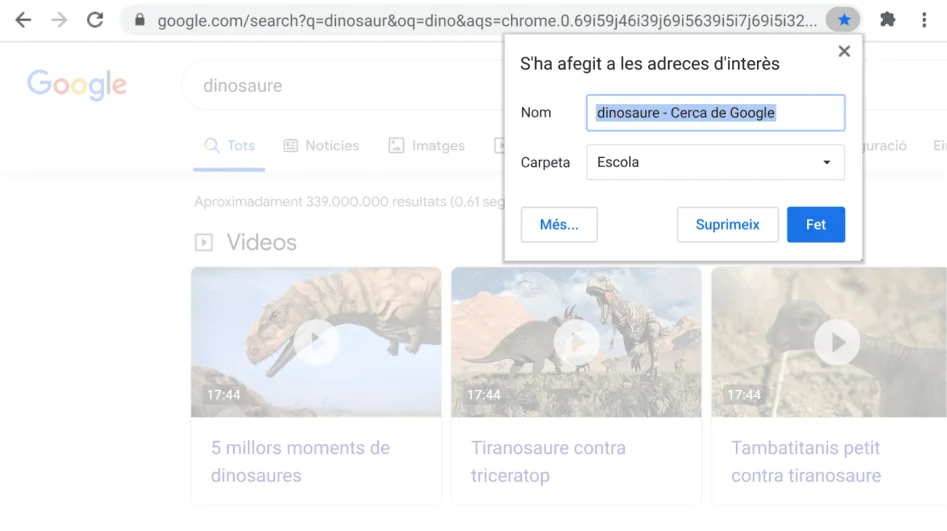Finestra del navegador Chrome amb el quadre de diàleg Adreces d'interès obert.