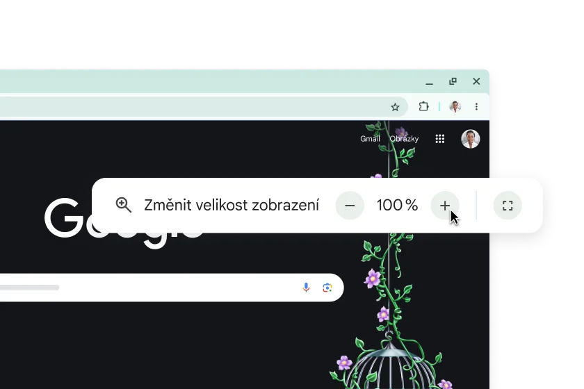 Domovská stránka Google a vyskakovací okno s přiblížením nastaveným na 100 %