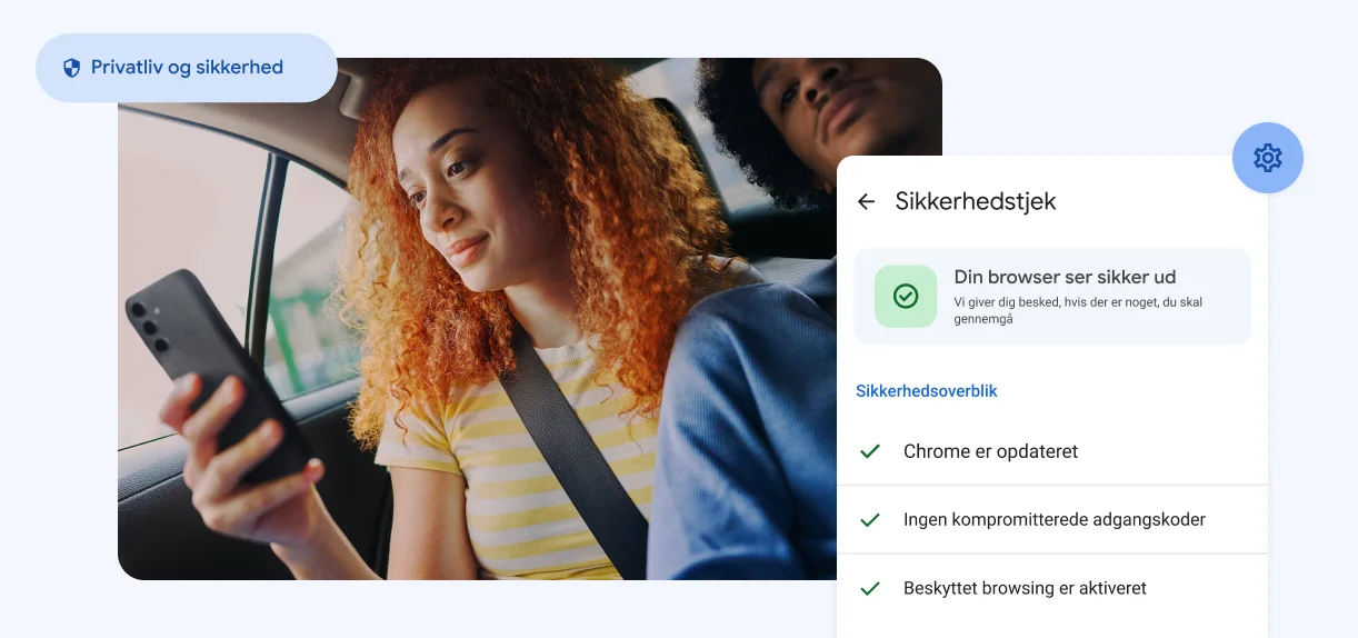 En kvinde kigger på sin telefon. Elementer siger “Privatliv og sikkerhed” med en underretning om kompromitterede adgangskoder.