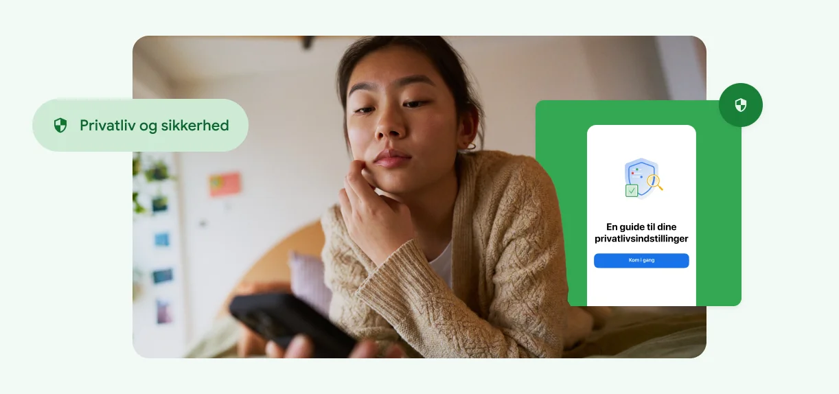 En kvinde rører ved sit ansigt og kigger på sin telefon.