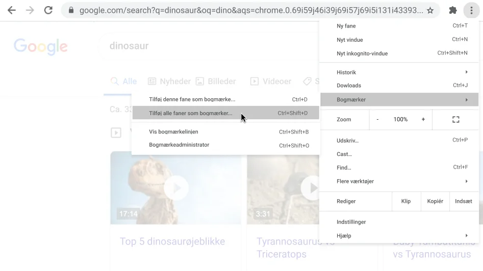 Chrome-browservindue med en dialogboks, der viser valgmuligheden Tilføj alle faner som bogmærker.