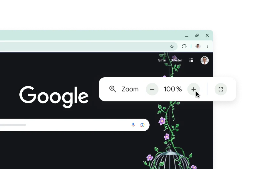 Google-startsiden og et pop op-vindue, hvor der er zoomet ind til 100 %.