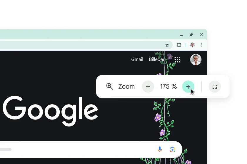 Google-startsiden med forstørrede elementer og et pop op-vindue, hvor der er zoomet ind til 175 %.