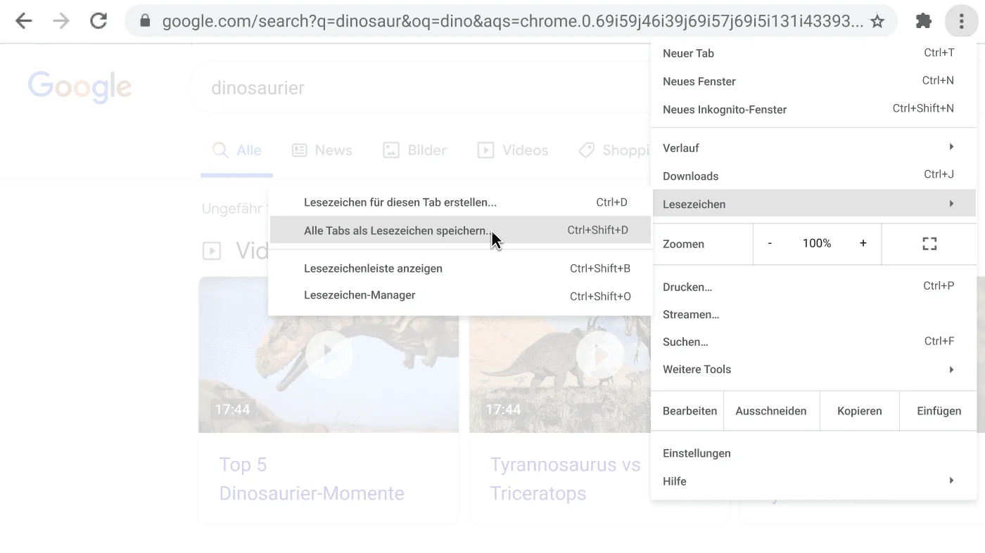 Chrome-Browserfenster mit einem kleinen Fenster, das die Option „Alle Tabs als Lesezeichen speichern“ zeigt.
