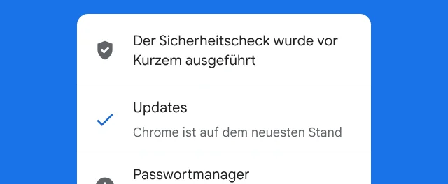 Eine Benachrichtigung zeigt, dass der Sicherheitscheck von Chrome abgeschlossen ist und der Browser auf dem aktuellsten Stand ist.