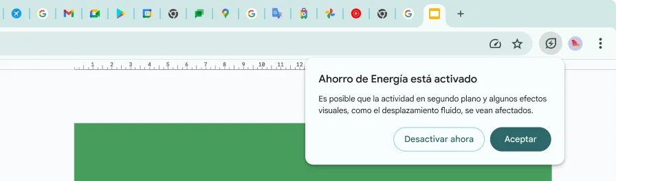 Se ha hecho clic en el icono de Ahorro de Energía, que explica que se han limitado la actividad en segundo plano y algunos efectos visuales para que haya más memoria disponible.
