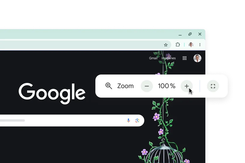 La página principal de Google y una ventana emergente con el zoom al 100 %