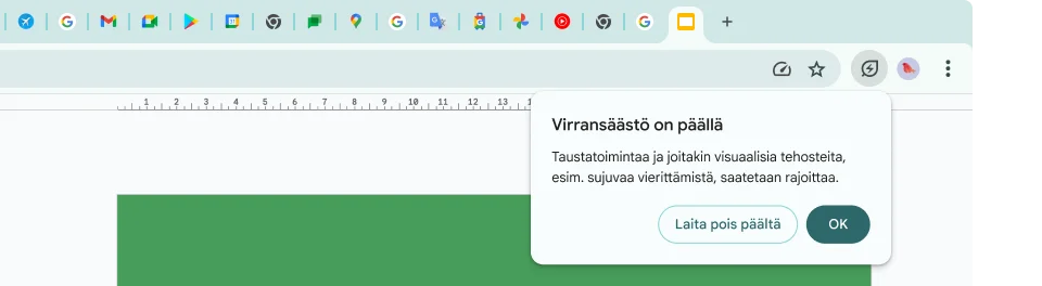 Kohdistin on klikannut virransäästökuvaketta, jossa selitetään, että taustatoimintaa ja joitain visuaalisia tehosteita on rajoitettu muistin säästämiseksi.