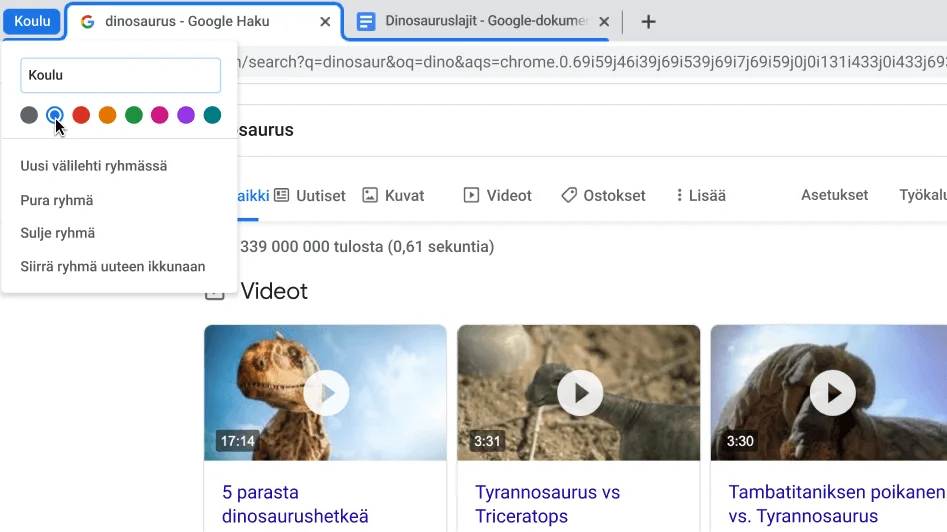 Chrome-selainikkuna, jonka valintaikkunassa näkyy välilehtiryhmän nimeäminen