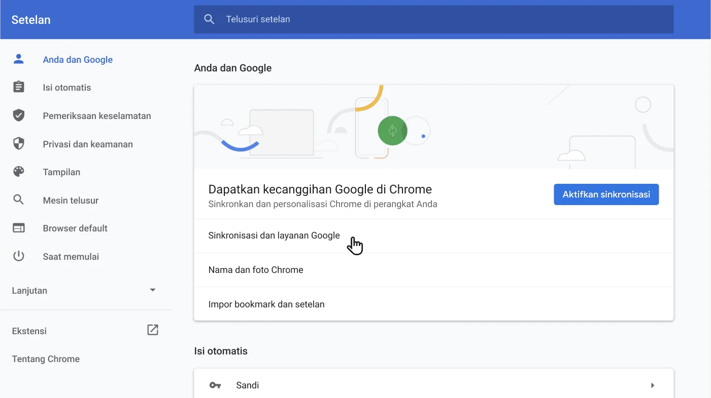Jendela setelan browser Chrome menampilkan menu opsi Anda dan Google.