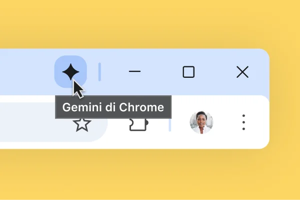 Ikon Gemini ditampilkan di bagian atas jendela browser Chrome. Pengguna mengarahkan kursor ke ikon. Tooltip bertuliskan 'Gemini di Chrome'.