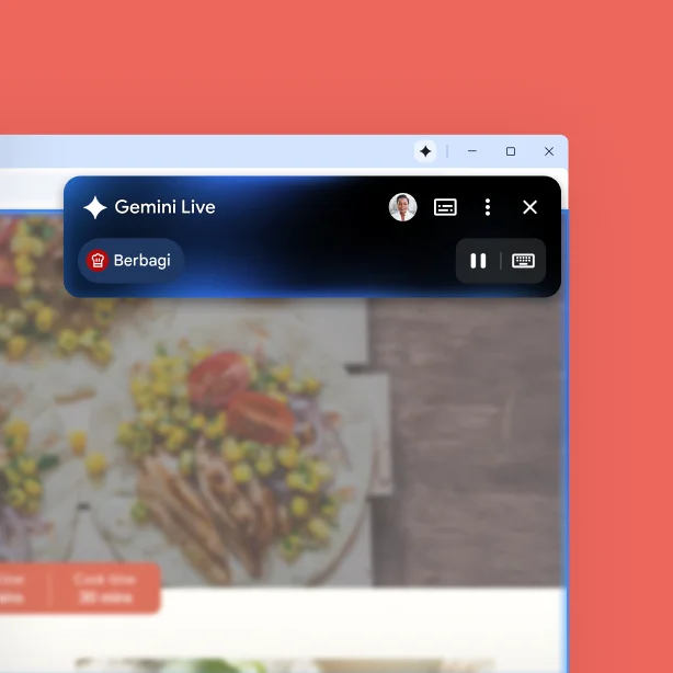 Kotak berjudul 'Gemini Live' berada di sudut halaman web. Tombol jeda menunjukkan Gemini di Chrome sedang mendengarkan seseorang berbicara.