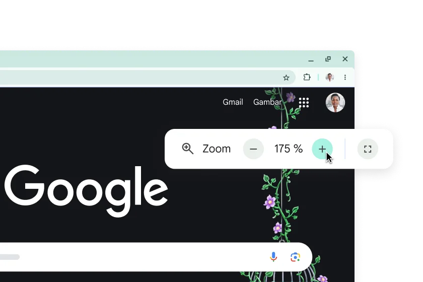 Halaman beranda Google dengan elemen yang diperbesar dan pop-up dengan Zoom yang disetel ke 175%