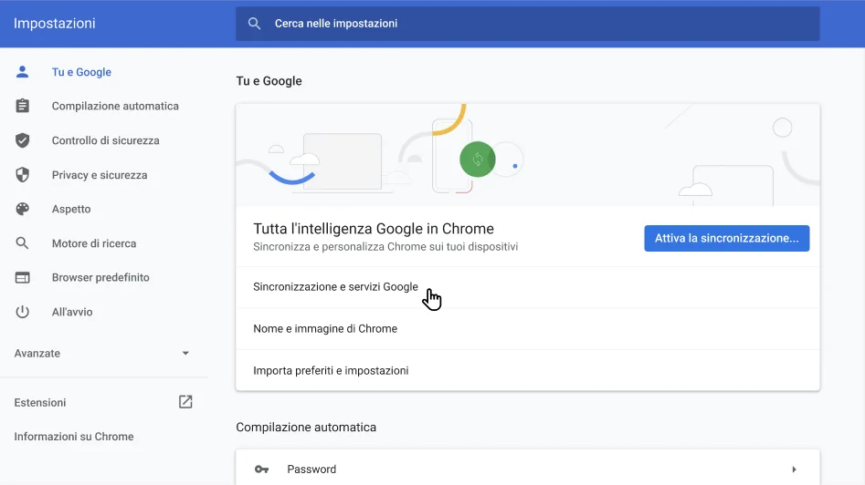 Finestra di impostazioni del browser Chrome in cui è mostrato il menu opzioni Tu e Google.