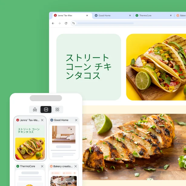 同じレシピのウェブサイトがさまざまなデバイスに表示され、Chrome にログインすればどのデバイスでも同じタブにアクセスできることが示されている