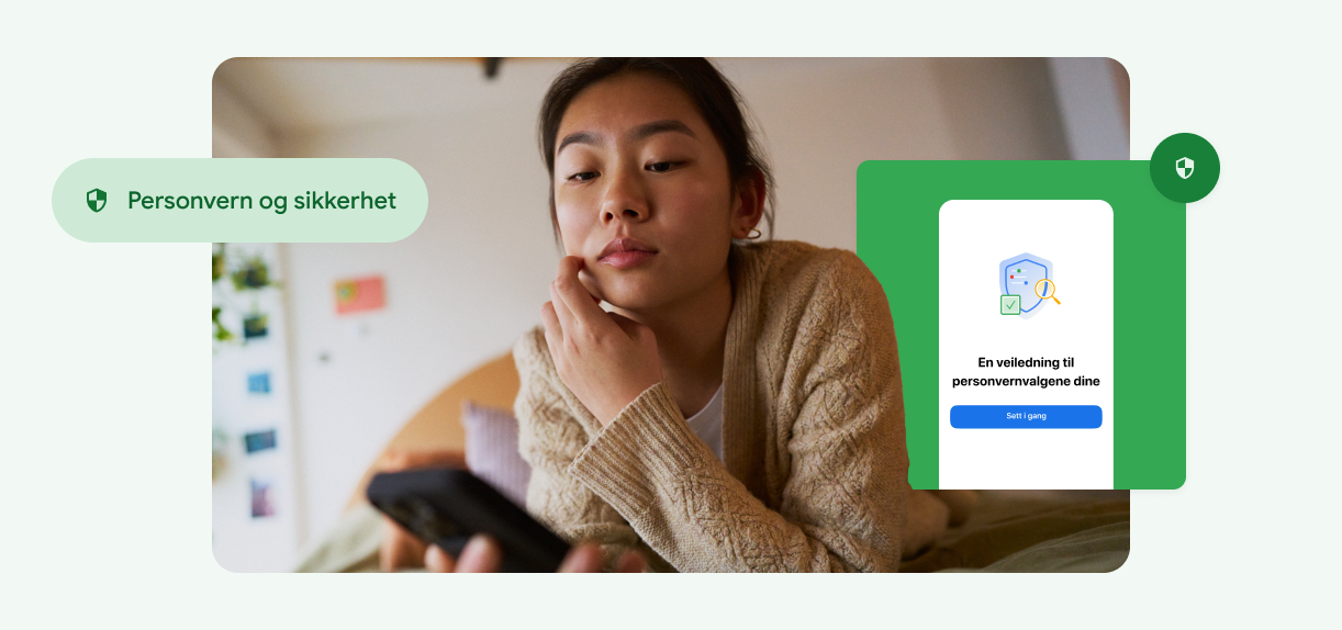 En kvinne berører ansiktet sitt og ser på telefonen sin.