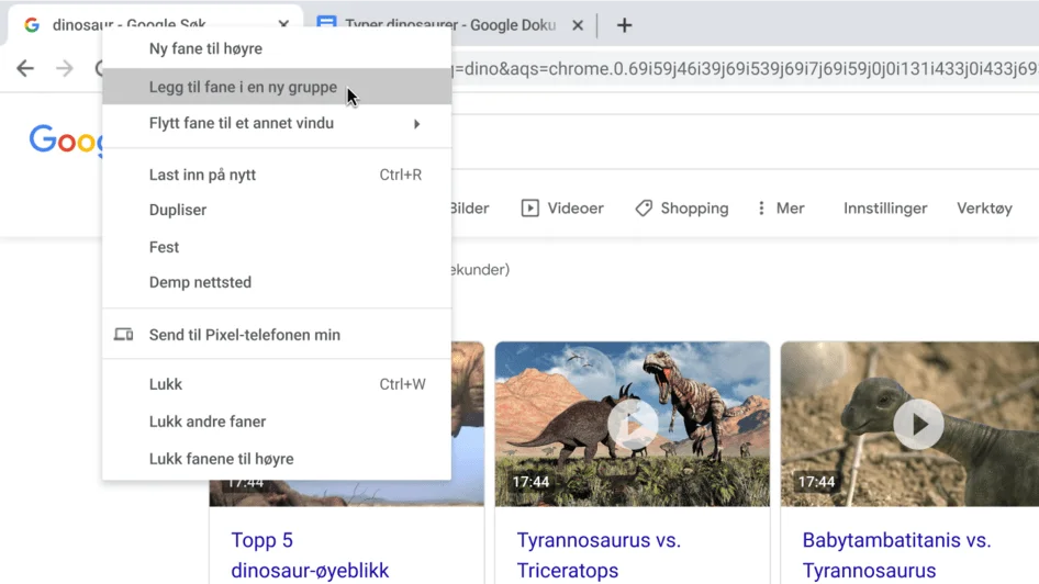 Chrome-nettleservindu med en dialogboks som viser oppretting av en ny fanegruppe