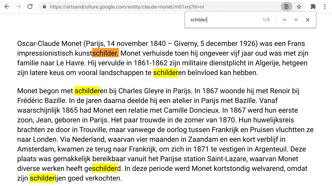 Chrome-browservenster met een webpagina waarop de zoekfunctie actief is.