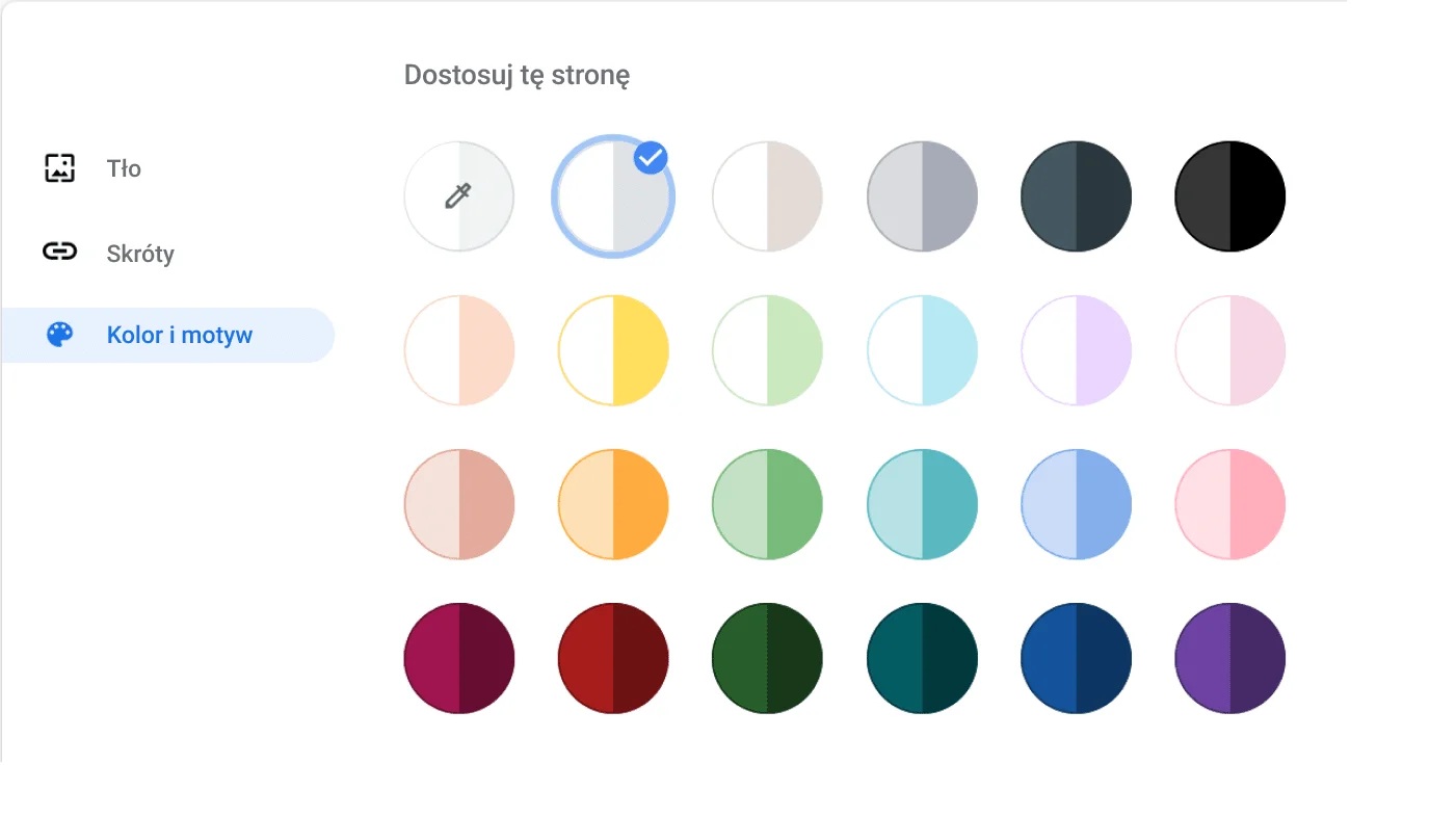 Okno ustawień przeglądarki Chrome pokazujące okno Kolor i motyw.