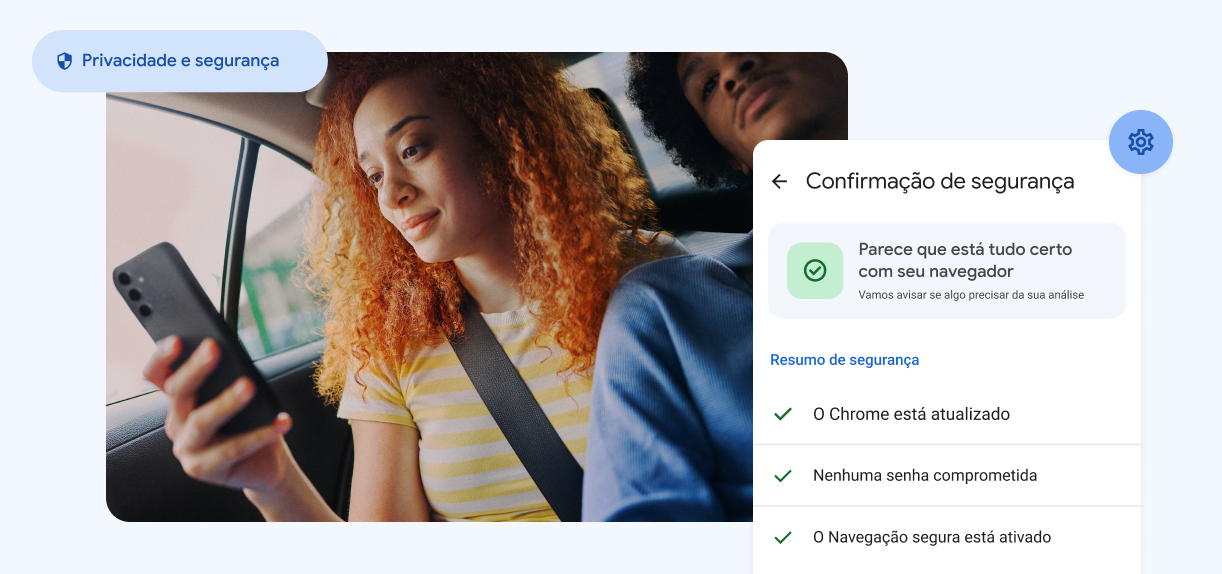 Uma mulher olha para o smartphone. Os elementos dizem “Privacidade e Segurança“ com um alerta sobre senhas comprometidas.