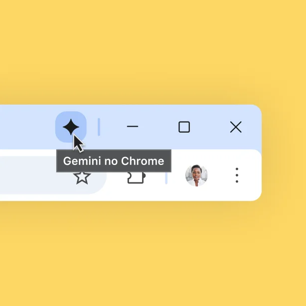 Um ícone do Gemini aparece na parte de cima da barra do navegador Chrome. O usuário passa o cursor sobre o ícone. Aparece o texto