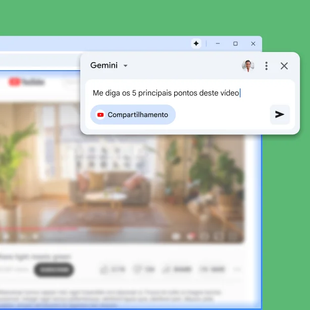 O pop-up do Gemini no Chrome está em uma página do YouTube. O usuário pede ao Gemini no Chrome os 5 principais pontos do vídeo.
