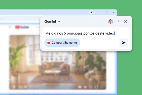 O pop-up do Gemini no Chrome está em uma página do YouTube. O usuário pede ao Gemini no Chrome os 5 principais pontos do vídeo.