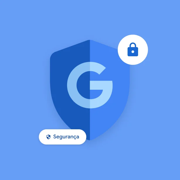 Vários ícones indicam a segurança do Google, incluindo o G do Google em um escudo, um cadeado e um pequeno ícone que diz