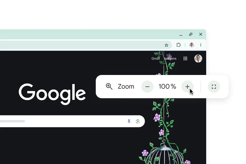 A página inicial do Chrome e um pop-up com o zoom em 100%