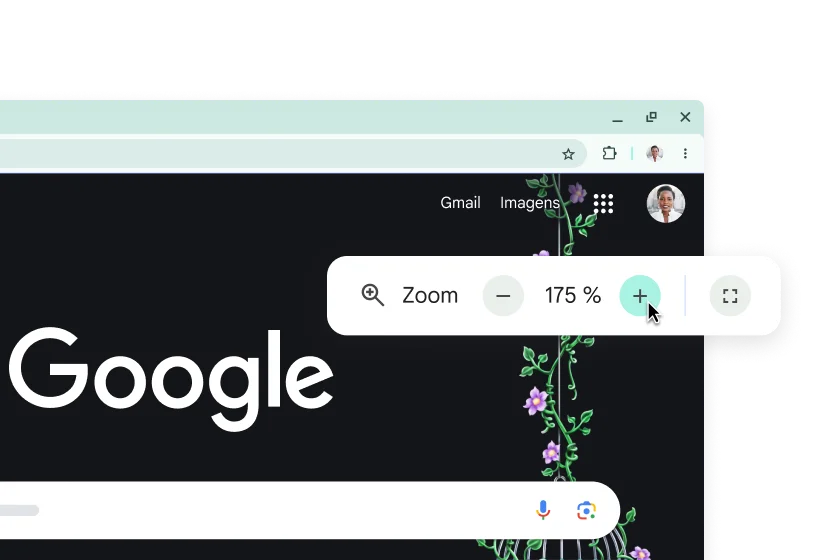 A página inicial do Chrome com elementos aumentados e um pop-up com o zoom em 175%