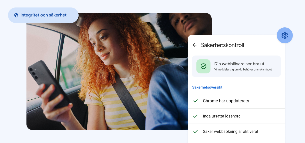En kvinna tittar på sin telefon. Element där det står ”Integritet och säkerhet” och en varning om utsatta lösenord.