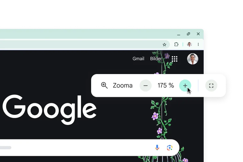 Googles startsida med förstorade delar och ett popup-fönster med Zoom som är inställt på 175 %
