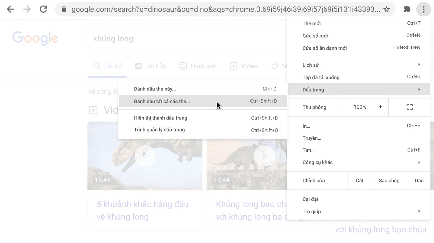 Cửa sổ trình duyệt Chrome có hộp thoại hiển thị tùy chọn Đánh dấu trang tất cả các thẻ.