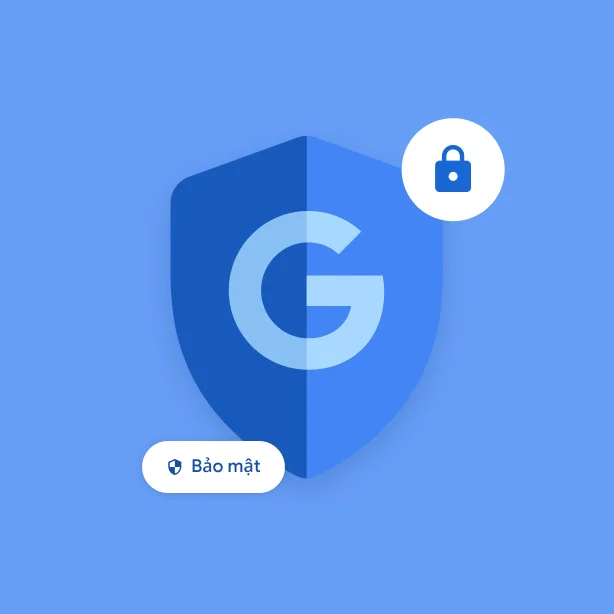 Một số biểu tượng cho biết tính năng bảo mật của Google, trong đó có chữ G của Google trong một chiếc khiên, một biểu tượng khoá và một con chip nhỏ có chữ