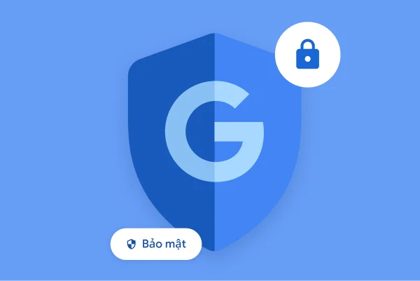 Một số biểu tượng cho biết tính năng bảo mật của Google, trong đó có chữ G của Google trong một chiếc khiên, một biểu tượng khoá và một con chip nhỏ có chữ