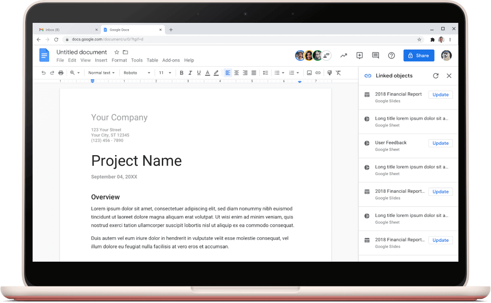 Pantalla de Documents de Google que mostra una plantilla de projecte oberta.