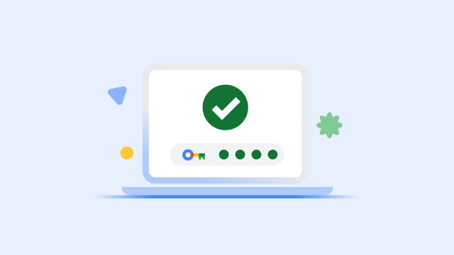 노트북 화면에 커다란 녹색 체크표시와 완료된 보안 키 진행률 표시줄이 표시되어 있습니다.